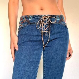 Y2K Embroidered Lace-Up Flare Jeans